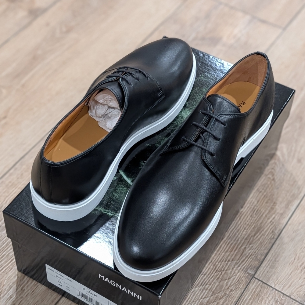 $398 Mens MAGNANNI "Lobo" Leather Derby Dress Shoes Black/White 10